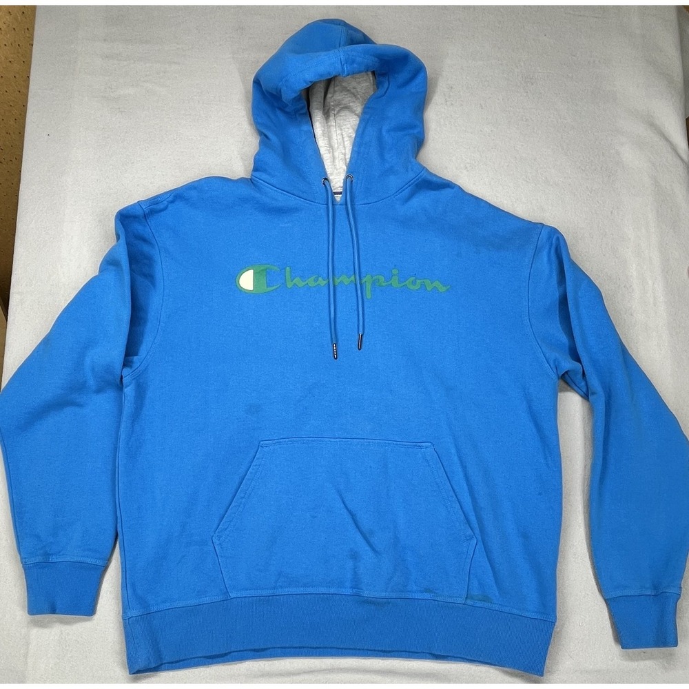Champion Script Logo Pullover Hoodie Blue Men's XL Graphic Fleece Stains